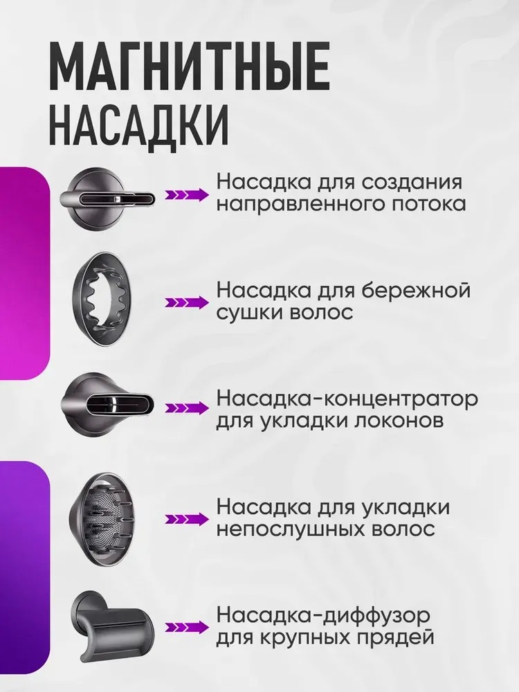 Фен с 5 магнитными насадками CASTLELADY с ионизацией 1600 BT шнур 1,8 метра фиолетовый - фото 4