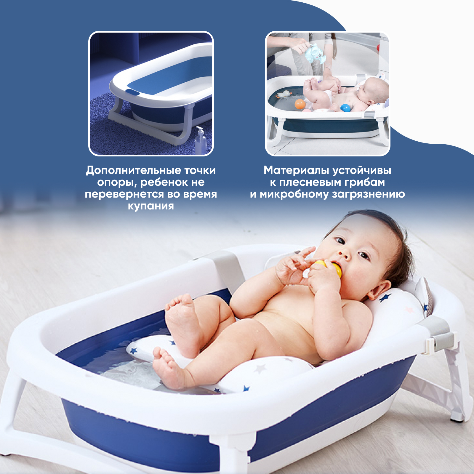Детская складная ванночка Solmax для купания новорожденных синяя - фото 2