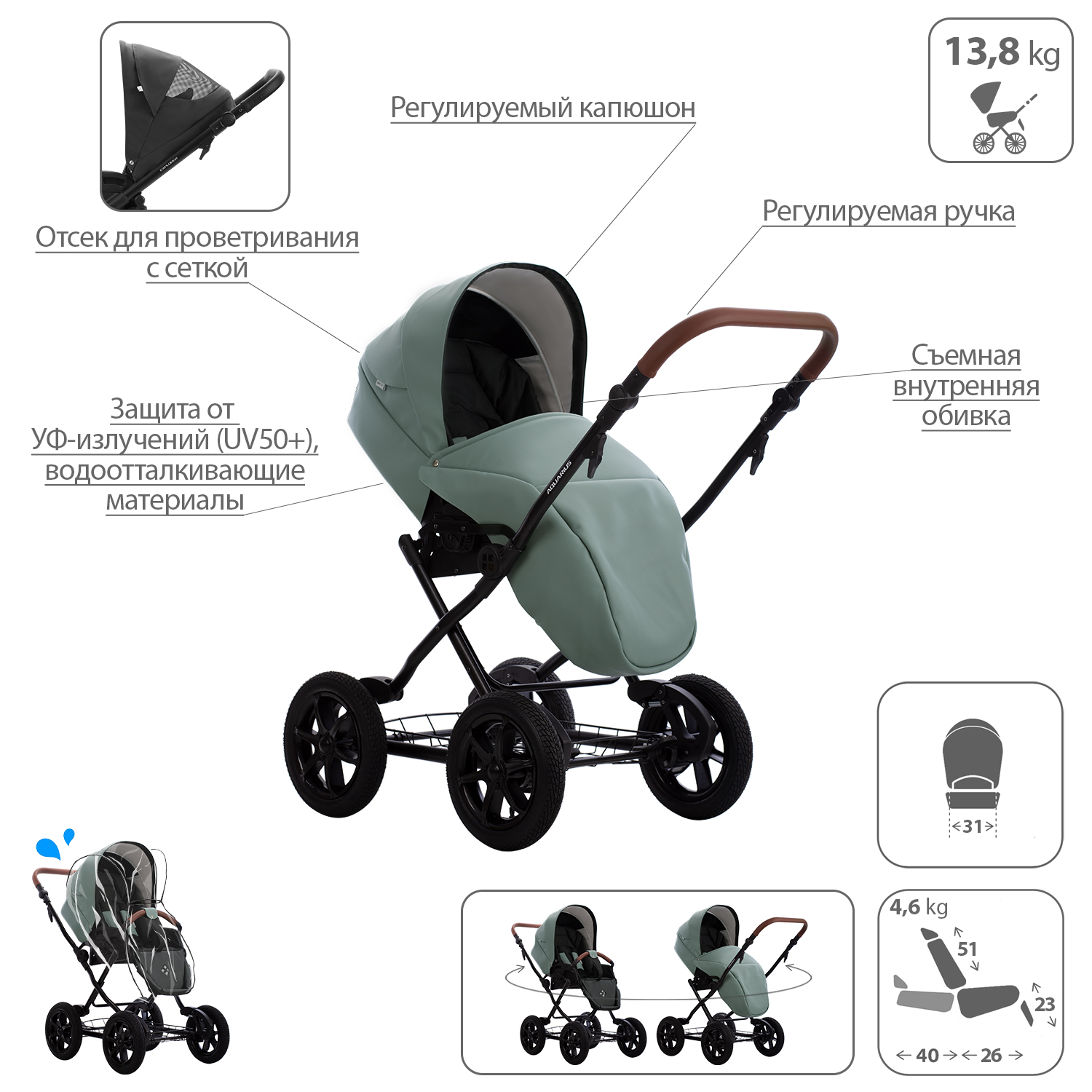 Коляска 2 в 1 Bebetto Aquarius PRO - фото 5