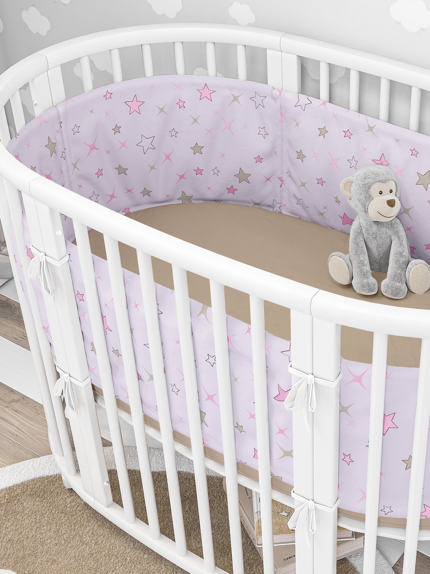 Бортики в кроватку Lemony kids Estrella 2 части по 180 см розовый со звездами - фото 2