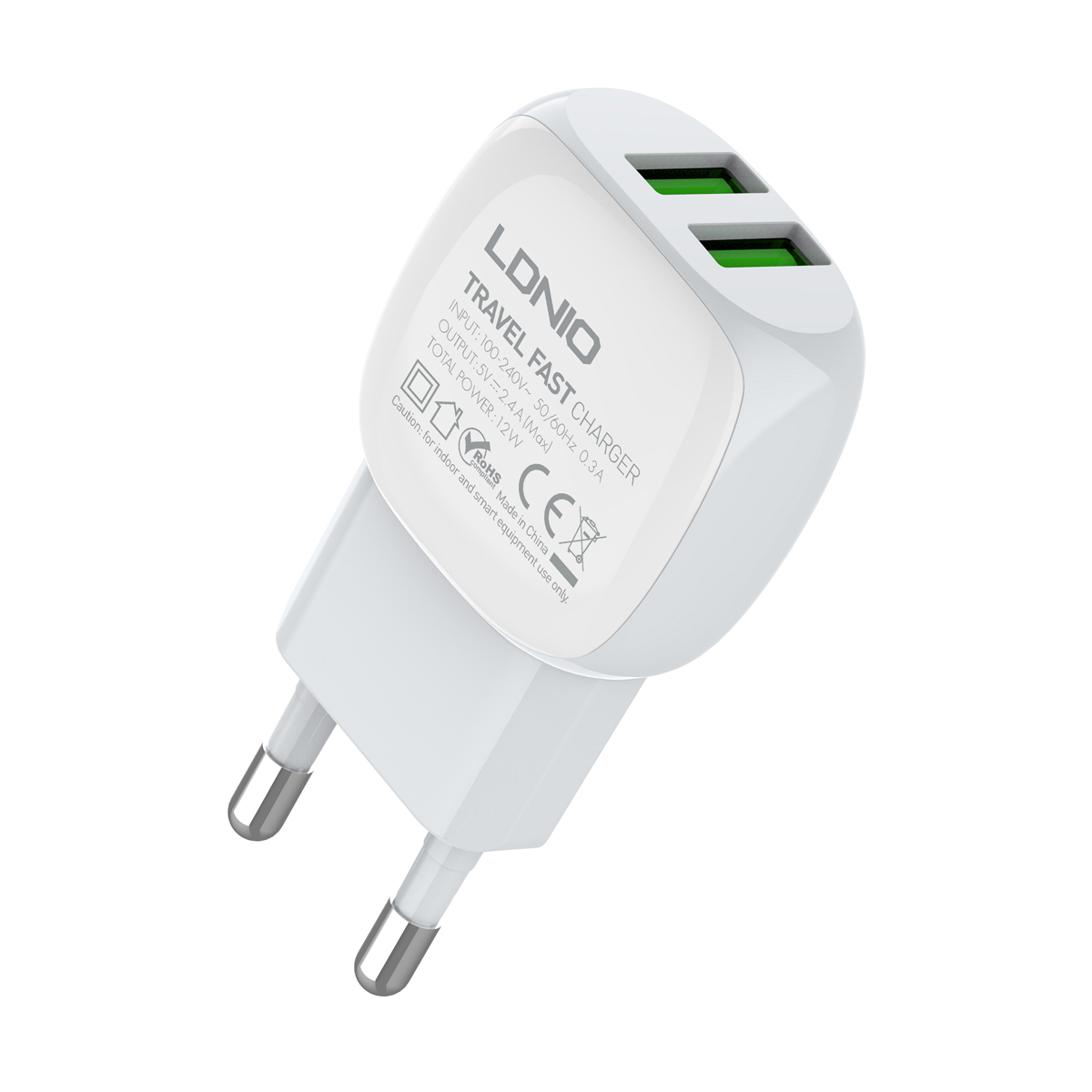 Сетевое зарядное устройство LDNIO A2218 + Кабель Type-C 2×USB Auto-ID 12W / белый - фото 1