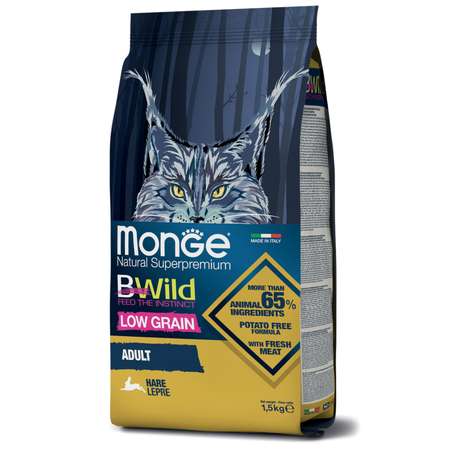 Корм сухой для кошек MONGE BWild Hare 1.5кг с мясом зайца взрослых