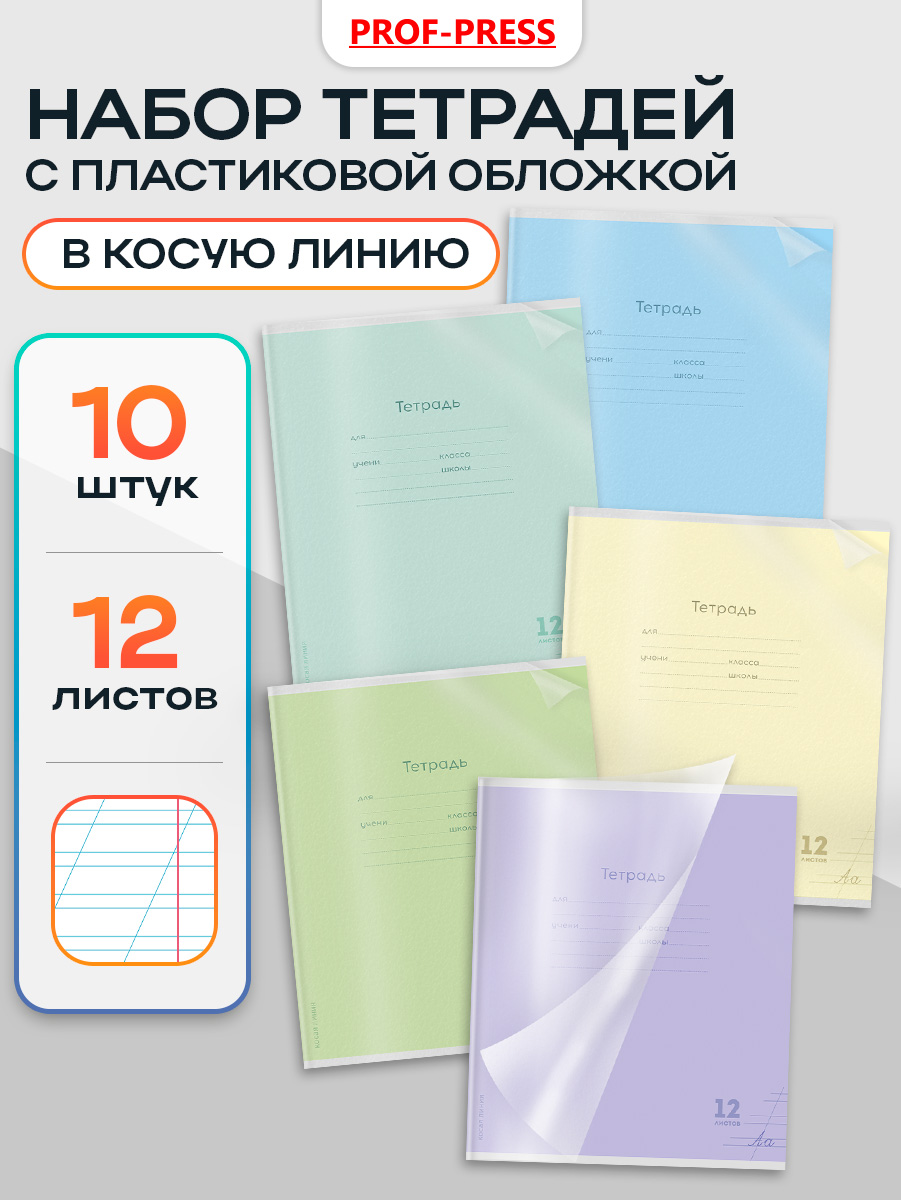 Тетрадь Prof-Press косая линейка 12 лист. 10 шт. - фото 1