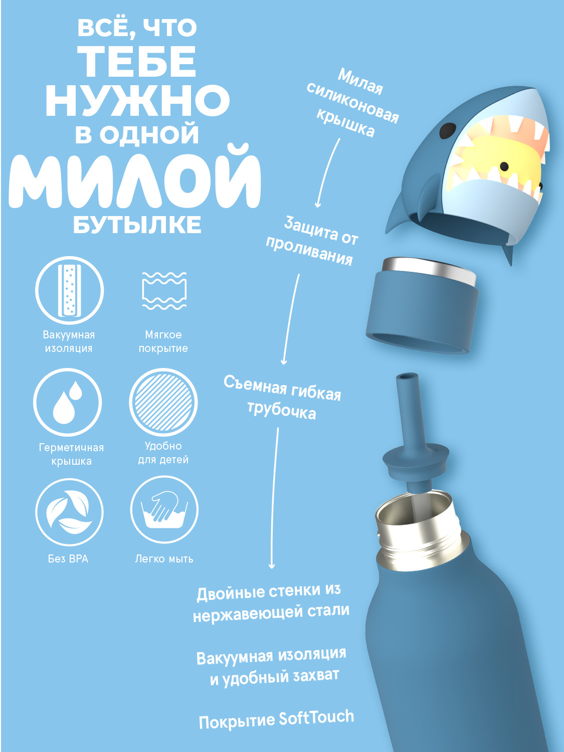 Термос для воды с трубочкой ASOBU Bestie Акула 460 мл - фото 3