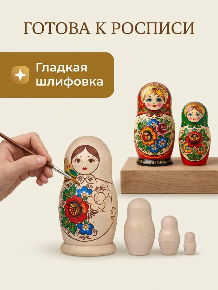 Набор для творчества Хохлома Оптом Заготовка Матрешка 7 в 1 роспись красками - фото 2