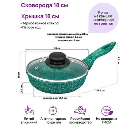 Сковорода Elan Gallery глубокая 18 см Изумруд с крышкой с несъёмной ручкой