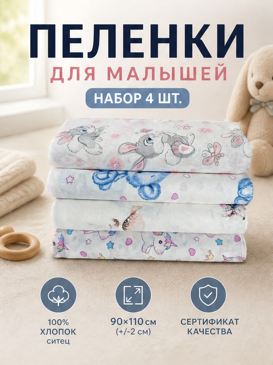 Пелёнка LISa baby store ситец 90х110 см 4 шт. - фото 1