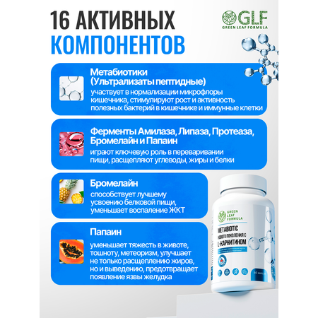 Метабиотик для кишечника Green Leaf Formula ферменты для пищеварения L-карнитин для сжигания жира для иммунитета
