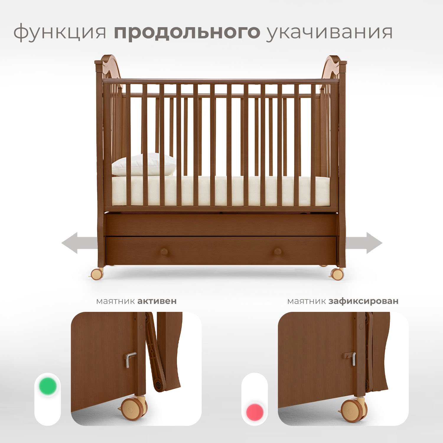 Детская кроватка Nuovita, продольный маятник (темный орех) - фото 3