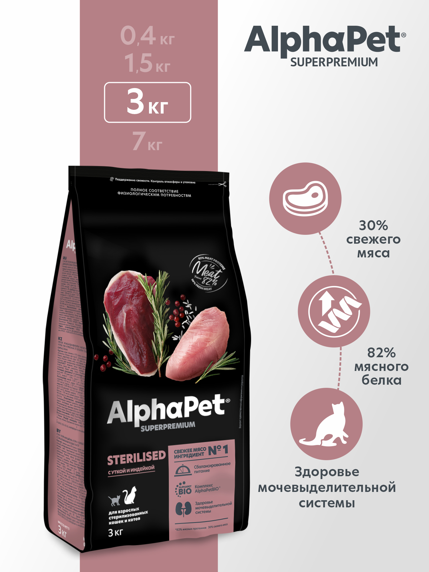 Сухой полнорационный корм холистик AlphaPet с уткой и индейкой для взрослых стерилизованных кошек и котов 3 кг - фото 1