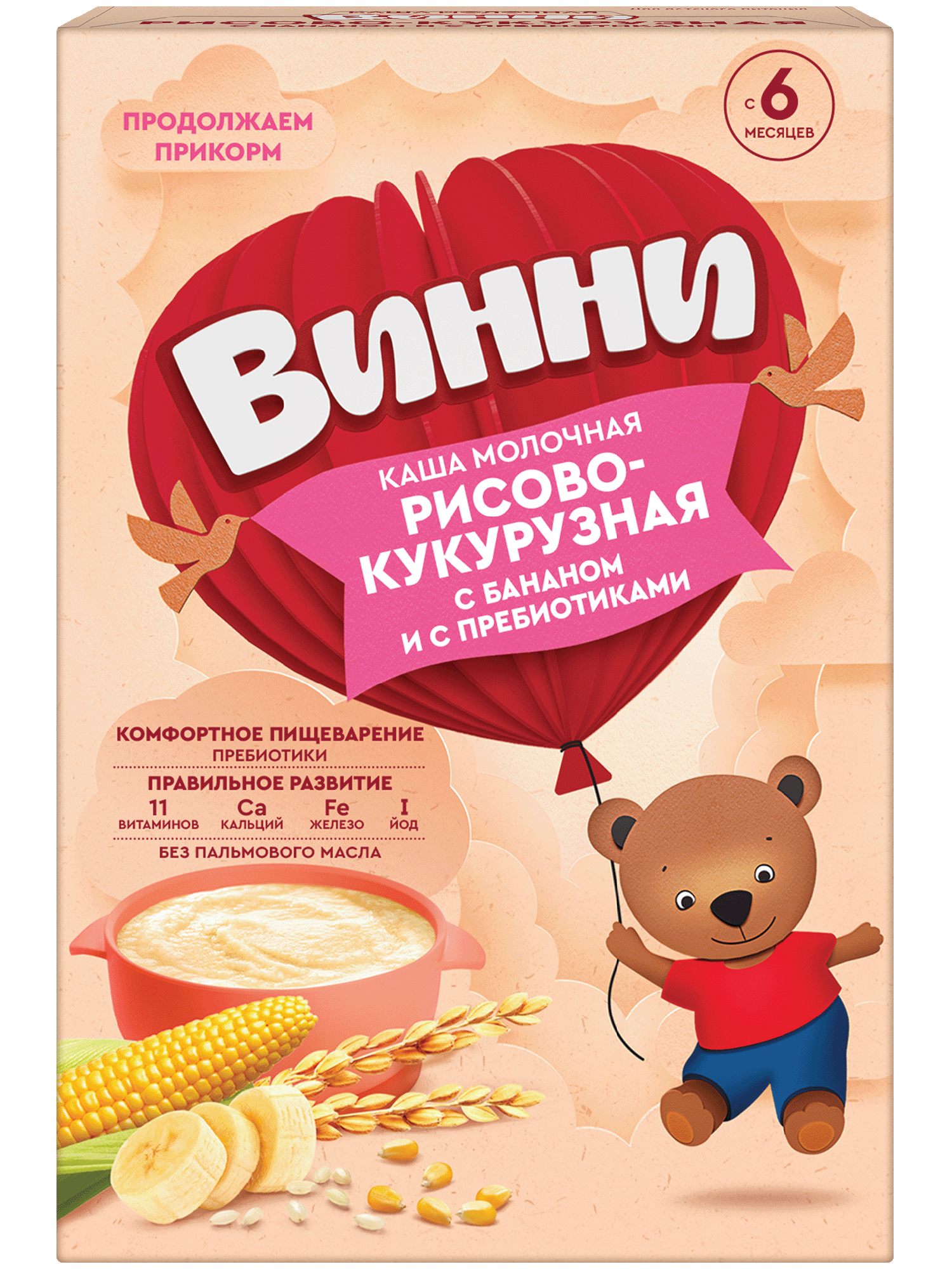 Изображение товара Детская молочная каша Винни рисово-кукурузная с бананом и пребиотиками 200г для малышей от 6 месяце