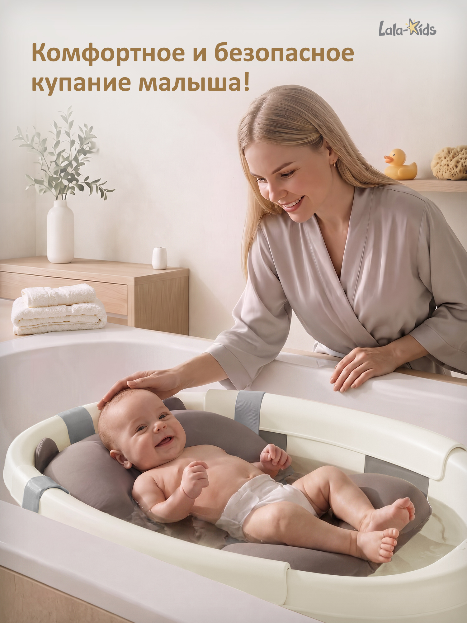 Ванночка LaLa-Kids Капелька складная, с матрасиком серый - фото 2