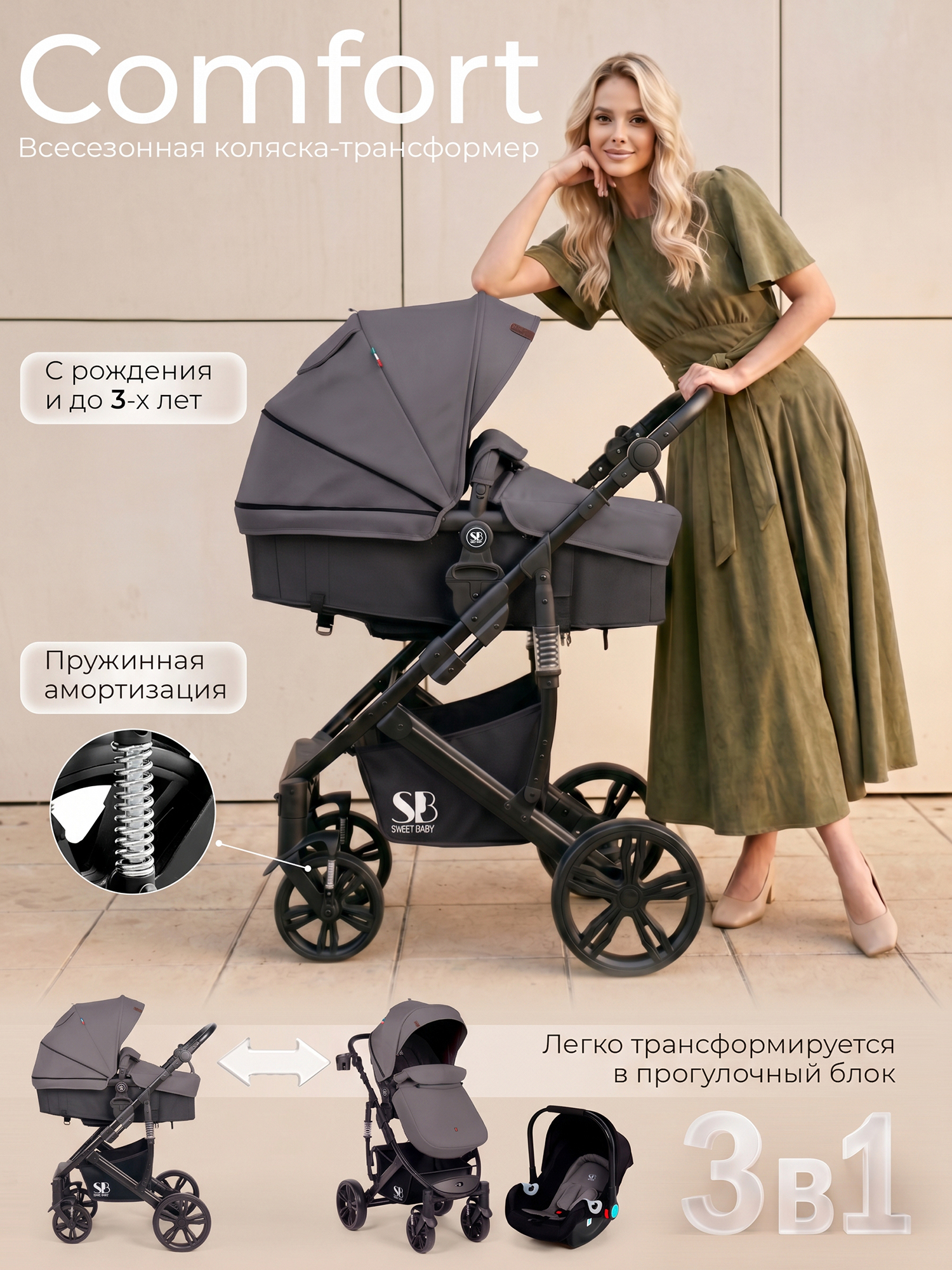 Коляска трансформер Sweet Baby Comfort Black Grey серый - фото 1