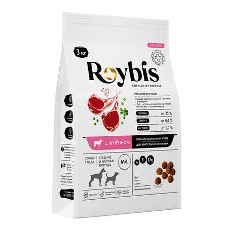 Корм для собак Roybis 3кг средних и крупных пород активных с ягненком сухой