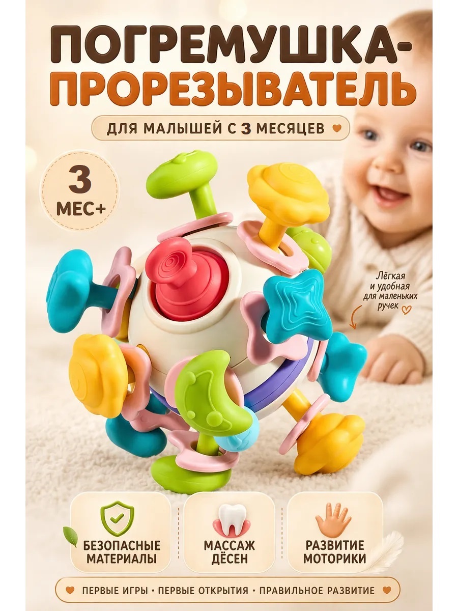 Игрушка ТОТОША развивающий центр Прорезыватель с тянучками Шар - фото 1