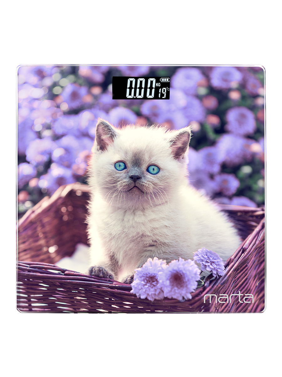 Весы напольные MARTA MT-1608 сенсор/встроенный термометр/белый котенок - фото 1