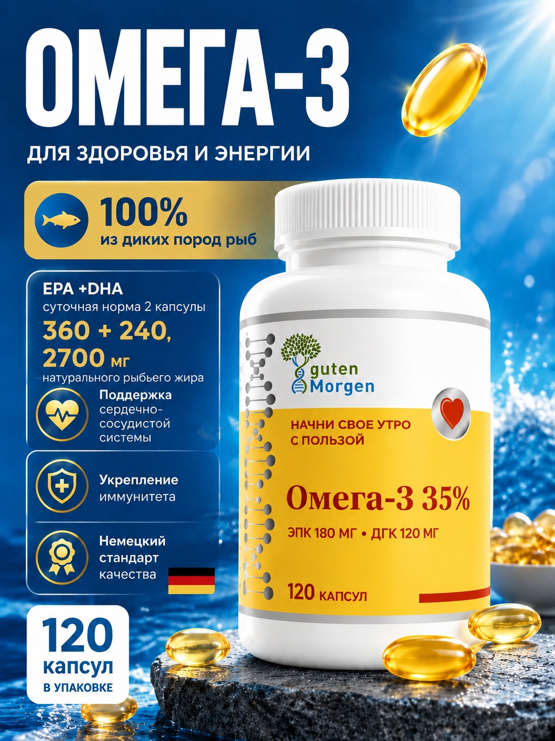 Изображение товара Омега 3 капсулы Guten Morgen рыбий жир для здоровья Изображение товара Омега 3 капсулы Guten Morgen рыбий жир для здоровья