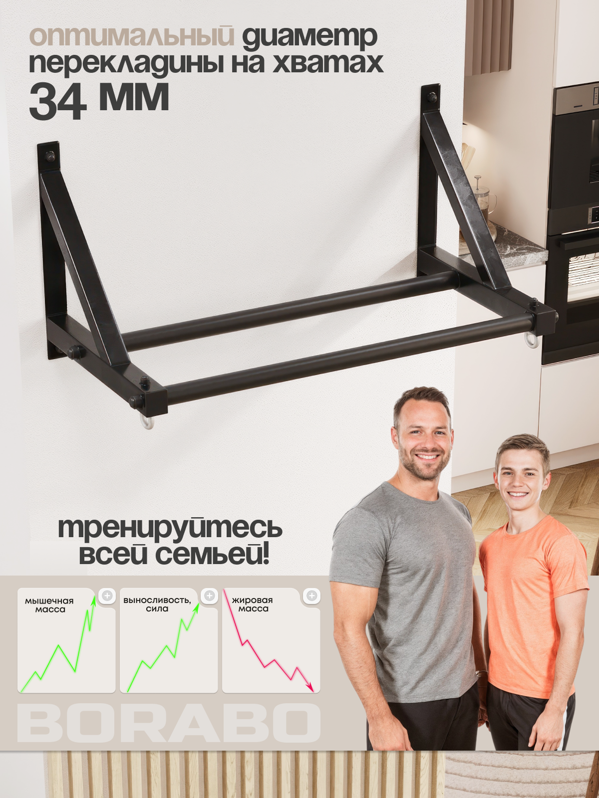 Турник настенный BORABO 2 хвата Классик Pro прорезиненные хваты - фото 7