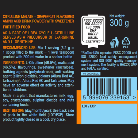 L-цитруллин малат BiotechUSA Citrulline Malate 300 г. Грейпфрут