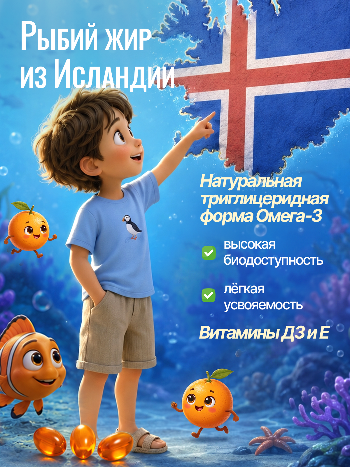 Омега 3 Green Leaf Formula Рыбий жир со вкусом апельсина витамины Д Е - фото 2