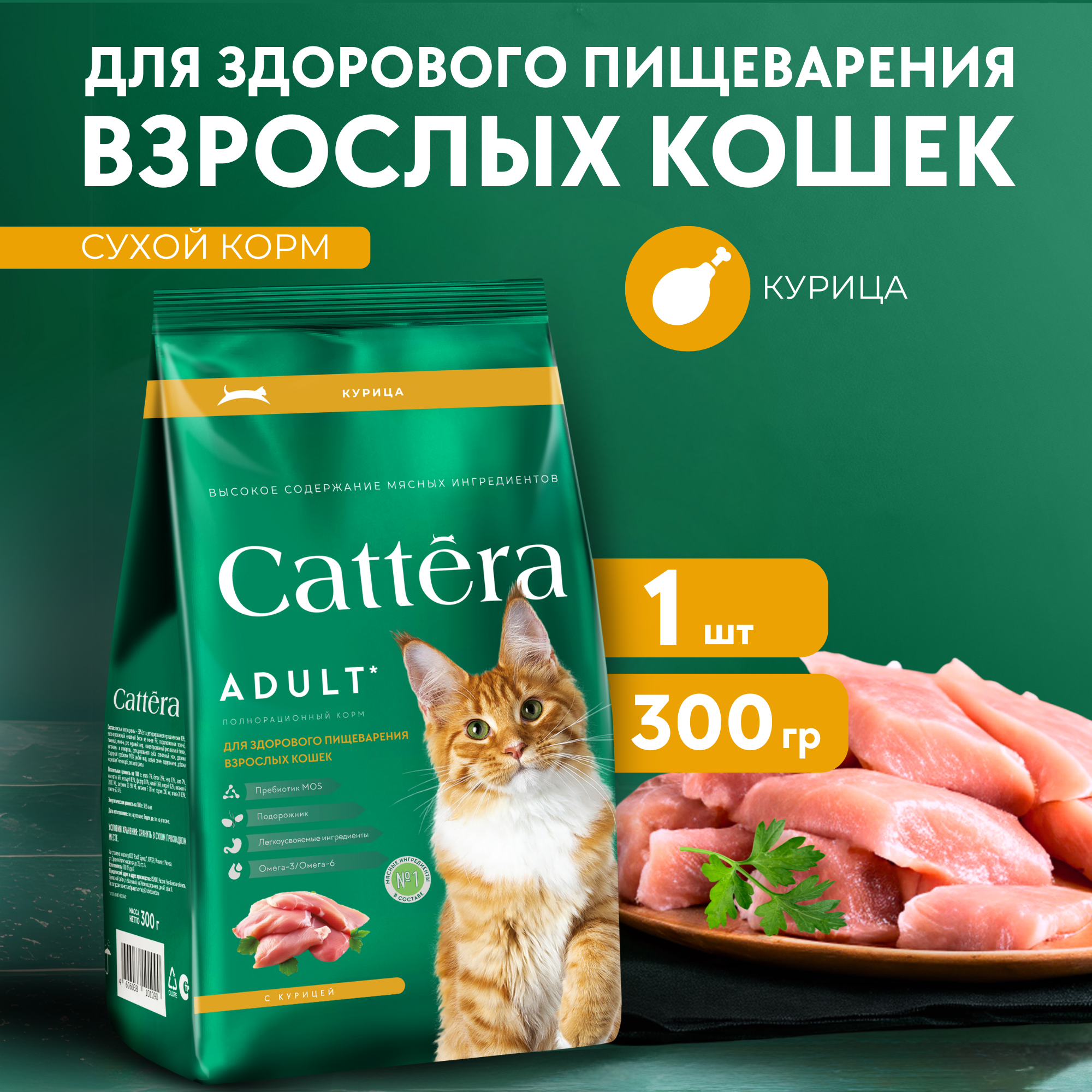 Корм сухой для кошек Cattera полнорационный с курицей для здорового пищеварения 0,3кг - фото 1
