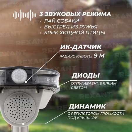 Отпугиватель животных REXANT звуковой с датчиком движения на солнечной батарее