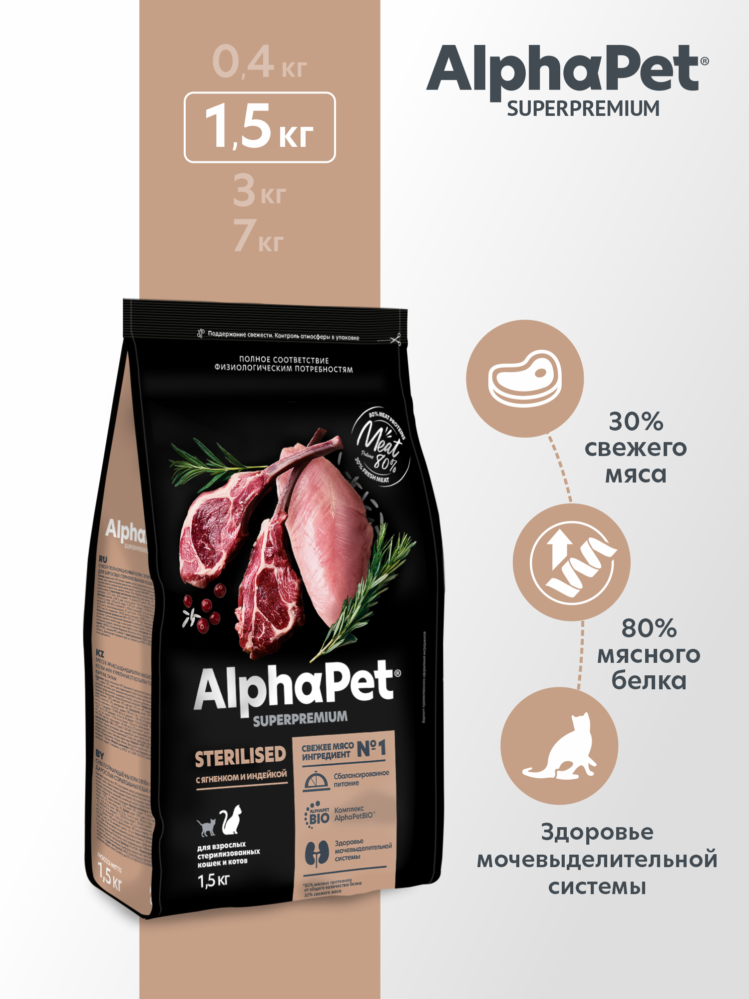 Сухой полнорационный корм AlphaPet корм с ягненком и индейкой для взрослых стерилизованных кошек и котов 1,5 кг - фото 1