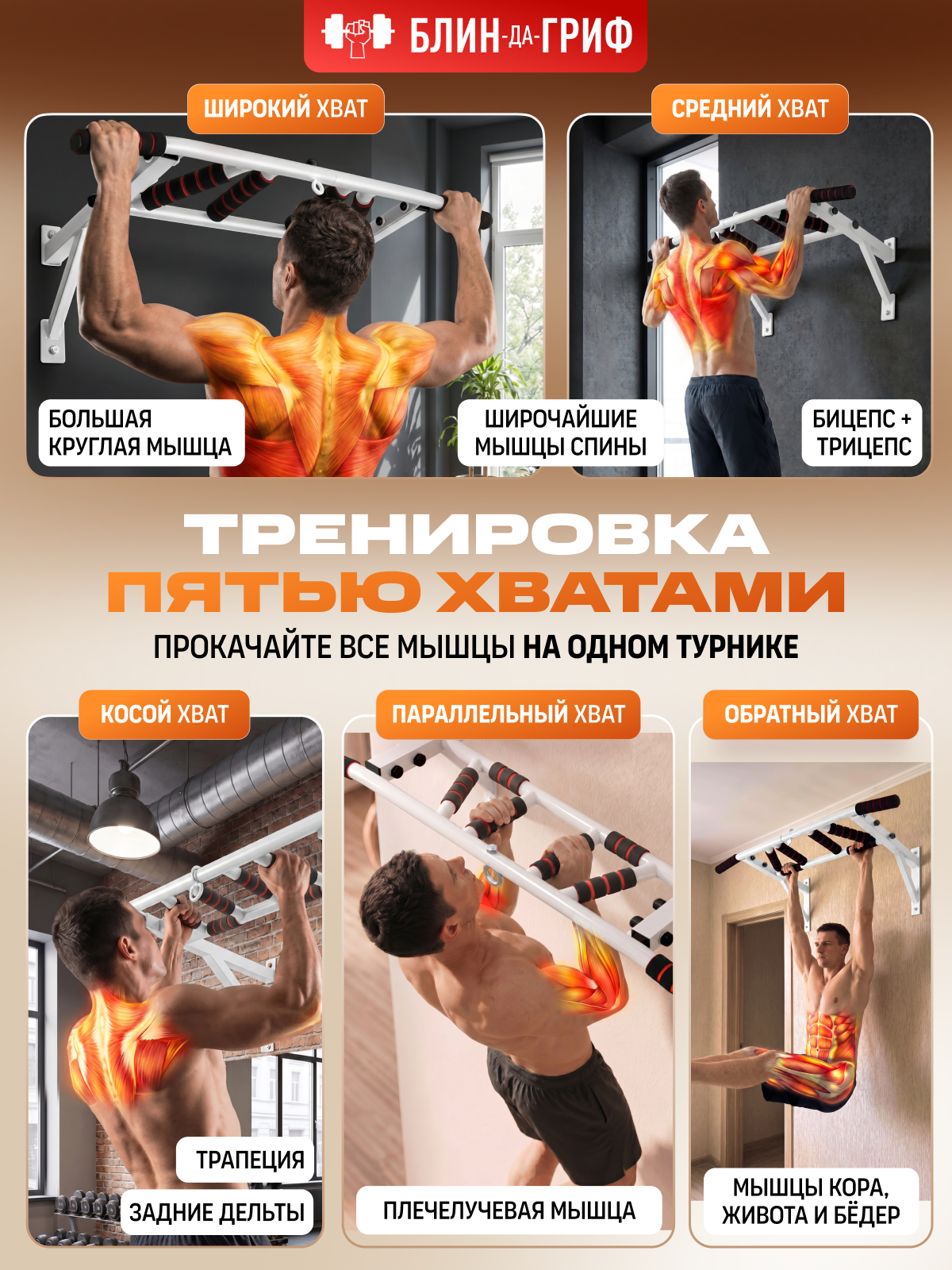 Спортивный турник БлинДаГриф Мультихват белый 2 - фото 9