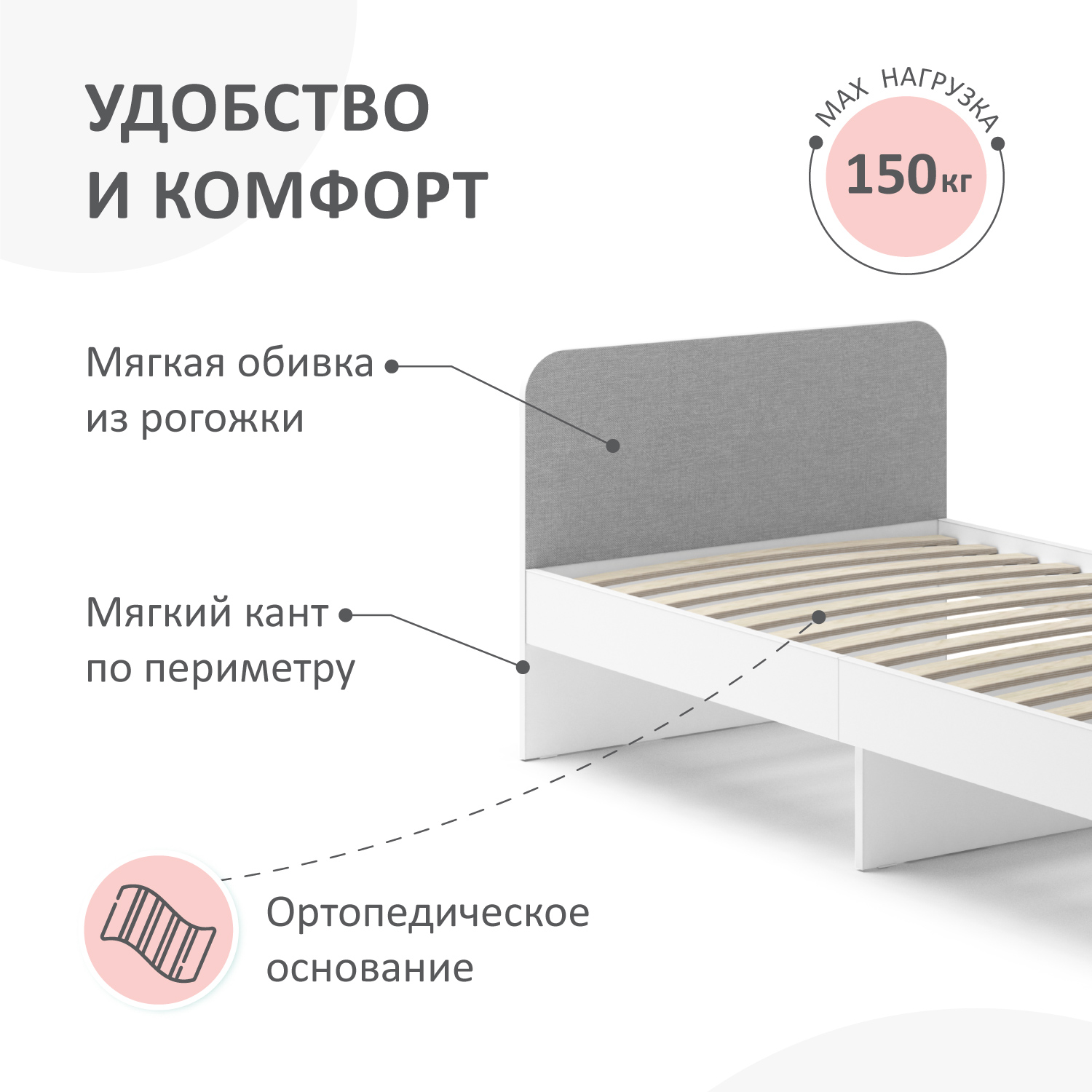 Кровать односпальная Хедвиг ROMACK с ортопедическим основанием 200х90 см серая рогожка - фото 6