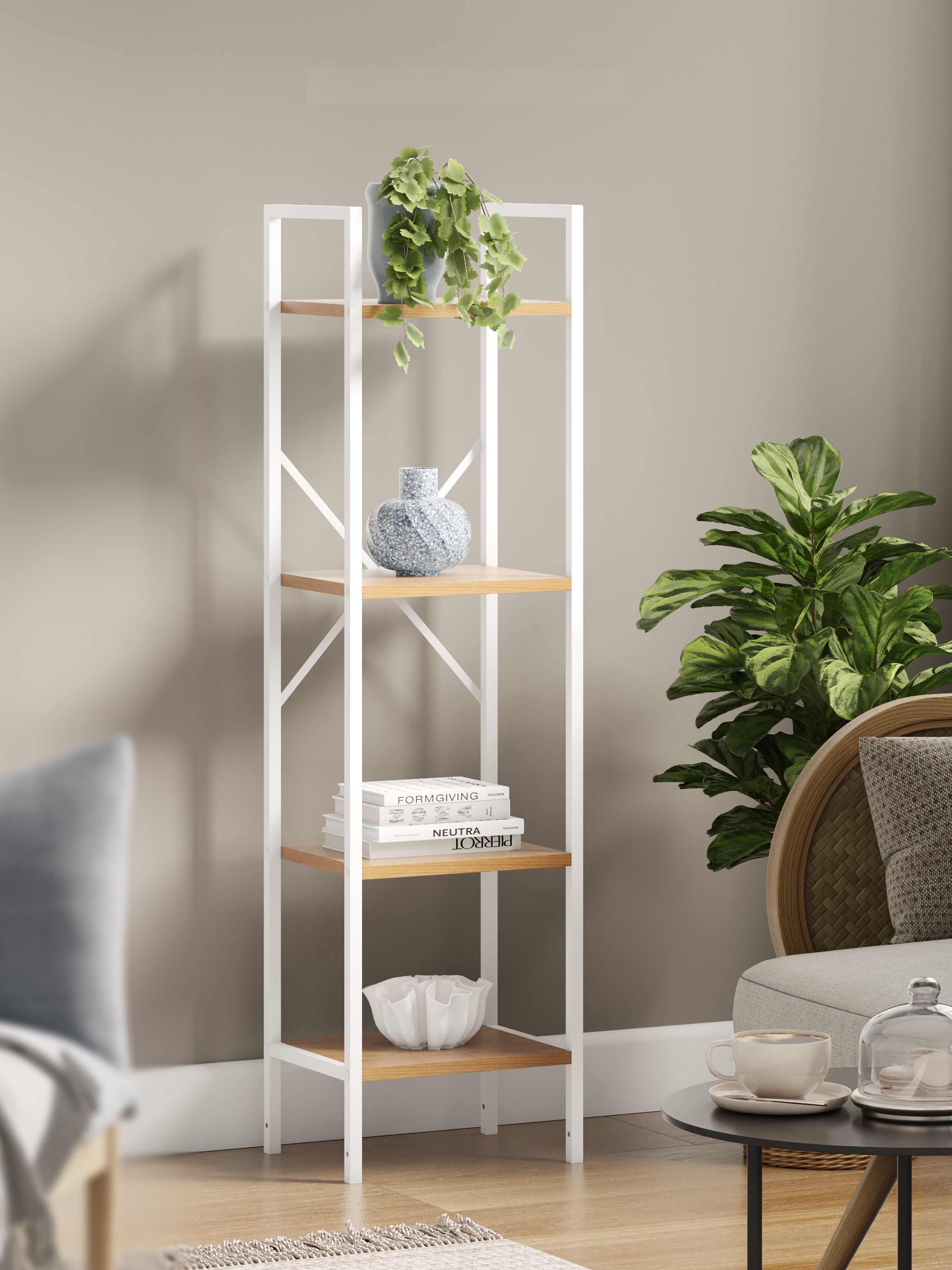 Изображение товара Стеллаж Leset Стилвуд 14 узкий 4 полки Белый/Дуб крафт золотой