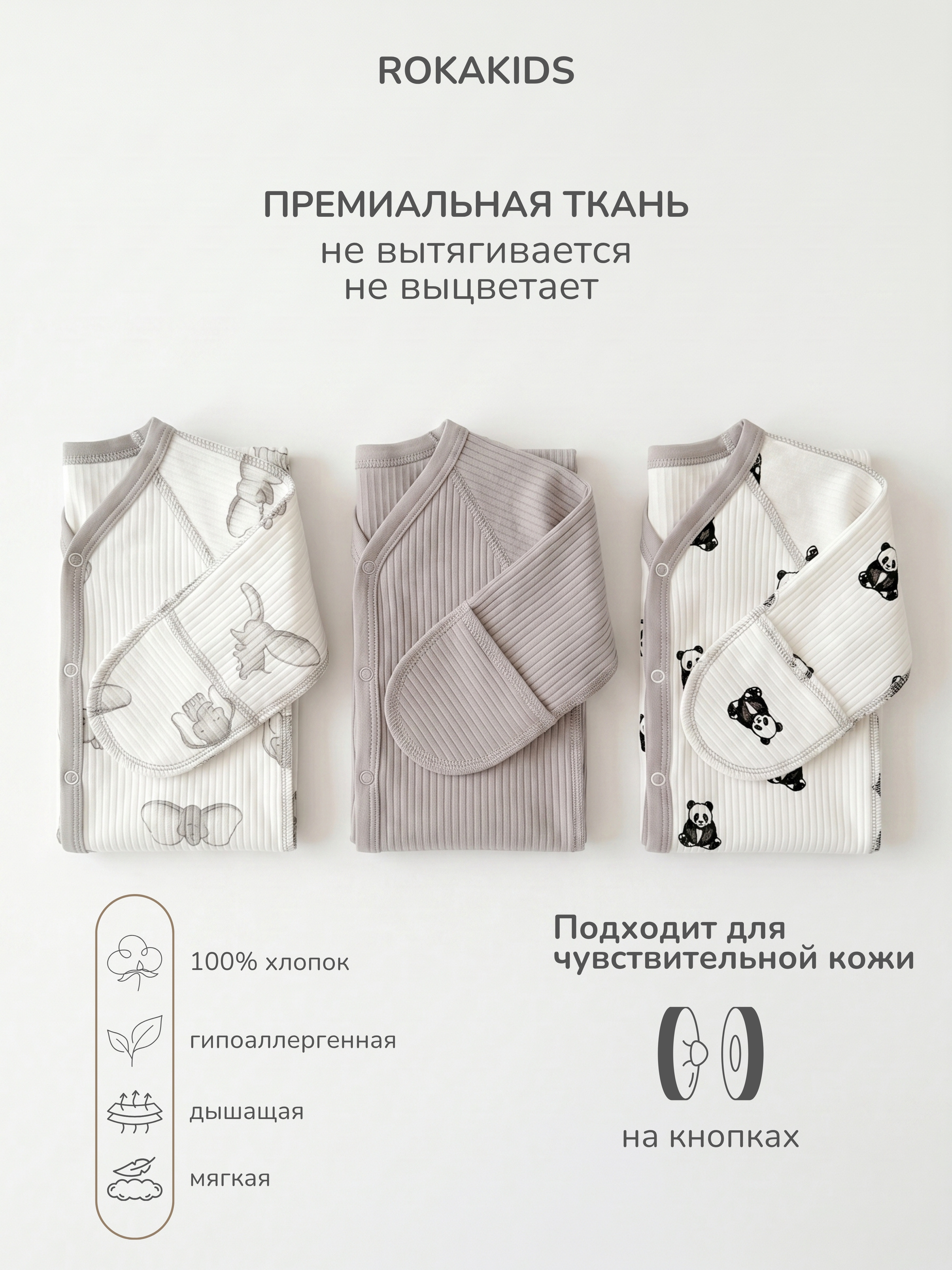 Боди 3 шт ROKAKIDS 3_КБЦКИрП_Слоники_Панды_Серый - фото 3