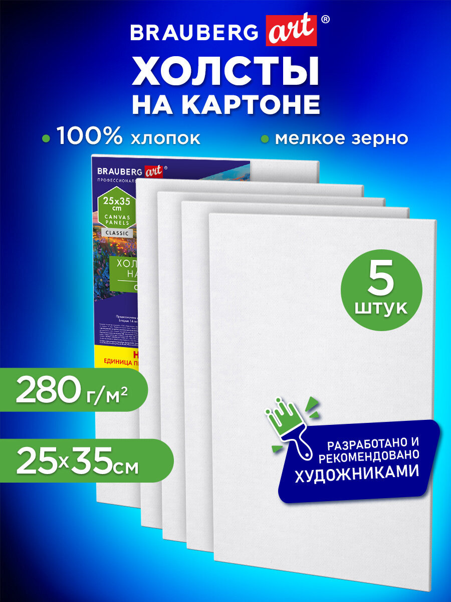 Холст для рисования на картоне Brauberg маленький 25x35 см набор 5 штук - фото 1