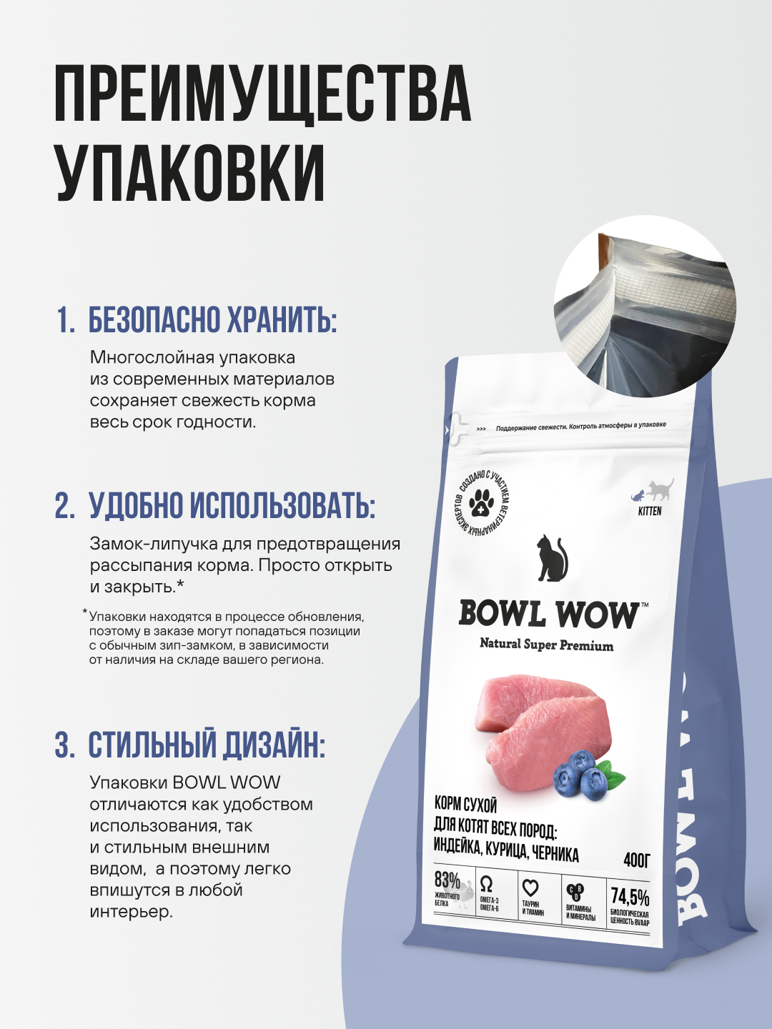 Корм сухой полнорационный BOWL WOW для котят с индейкой, курицей и черникой 400г - фото 6