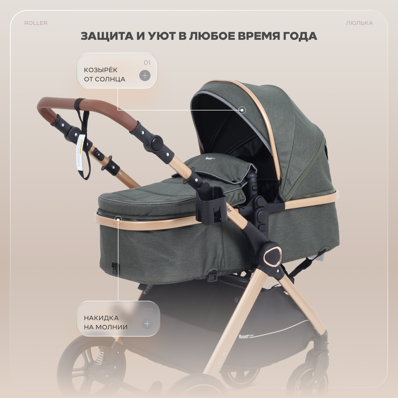 Коляска трансформер Rant Basic Roller Gold 2в1, olive зеленый - фото 7