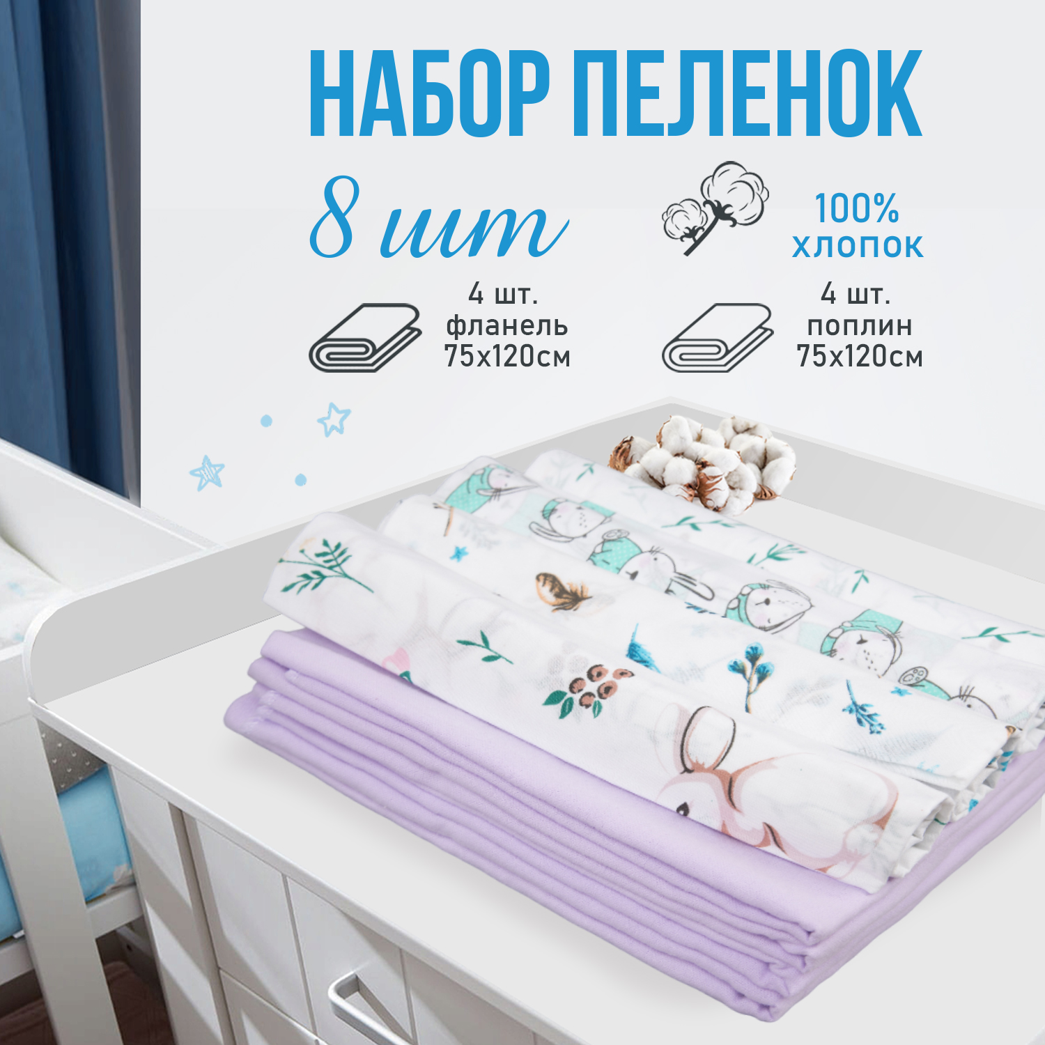 Пелёнка Чудо-Чадо В роддом фланель 75х120 см 4 шт. - фото 1