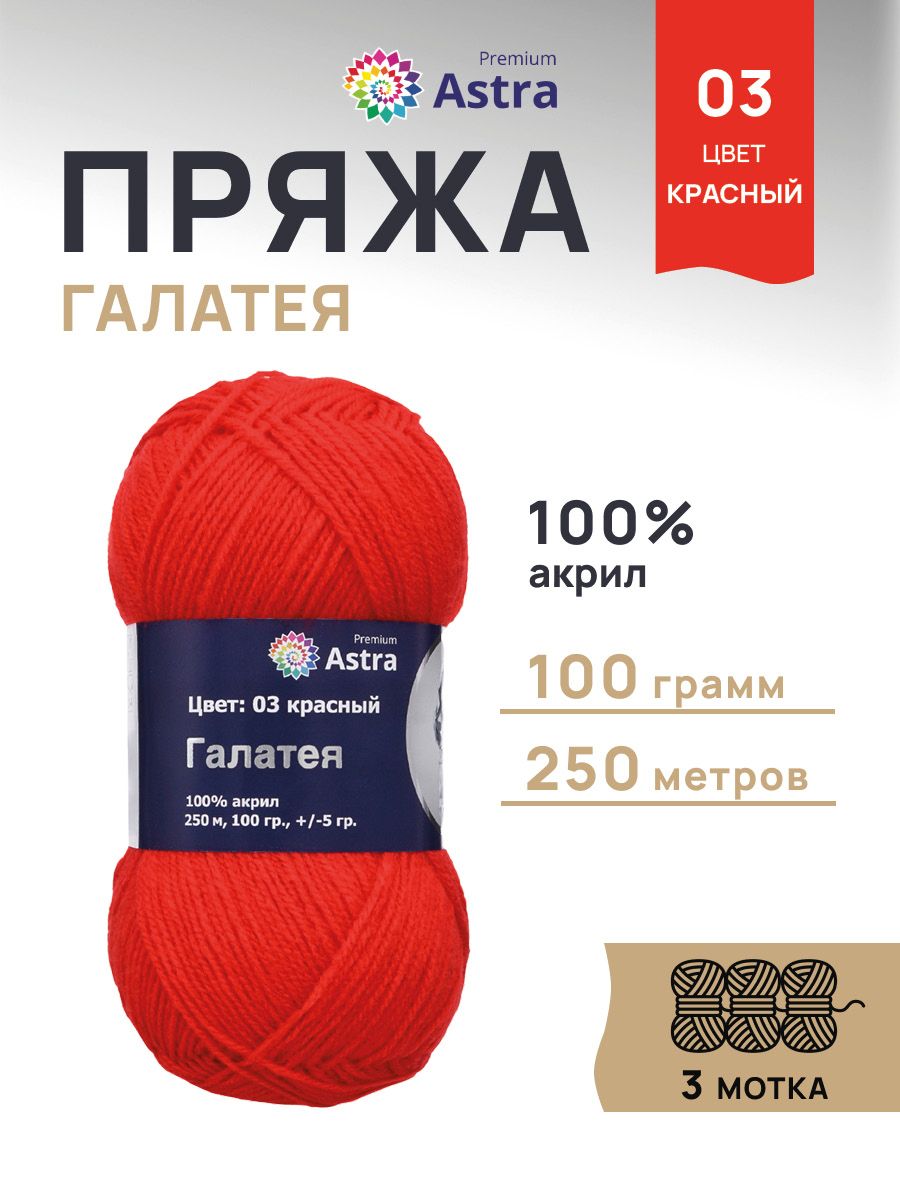 Пряжа Astra Premium Галатея акриловая 100 г 250 м 03 красный 3 мотка - фото 1