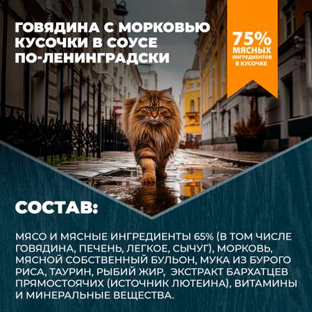 Корм для кошек Родные корма профилактика МКБ По-ленинградски говядина-морковка кусочки в соусе 85г