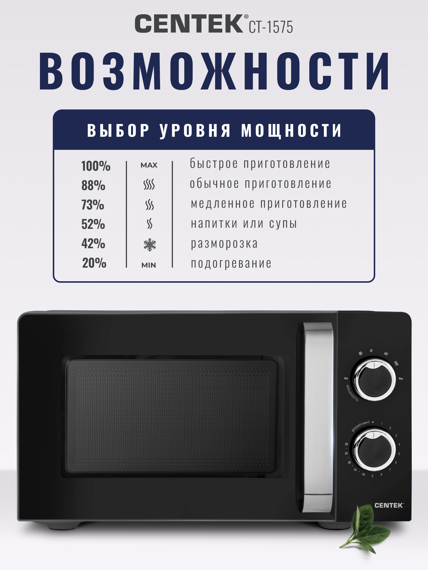 Микроволновая печь CENTEK CT-1575 Черная 700Вт 20л 6 режимов подсветка открывание дверцы ручкой - фото 3