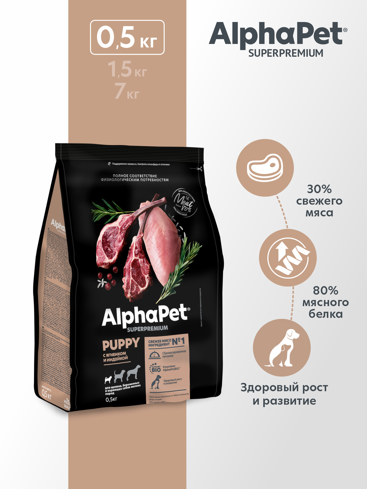 Сухой полнорационный корм холистик AlphaPet с ягненком и индейкой для щенков и собак мелких пород 0,5 кг - фото 1