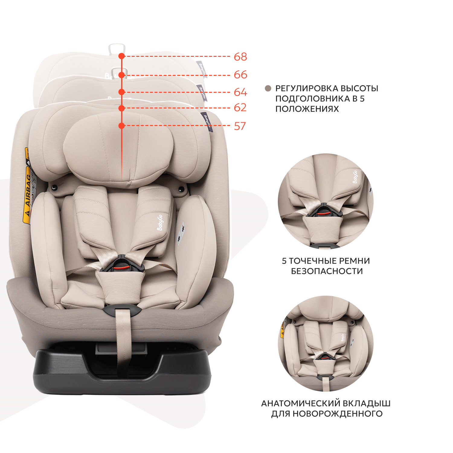 Автокресло BabyGo 4-Stage 0+/1/2/3 (0-36 кг) бежевый - фото 4