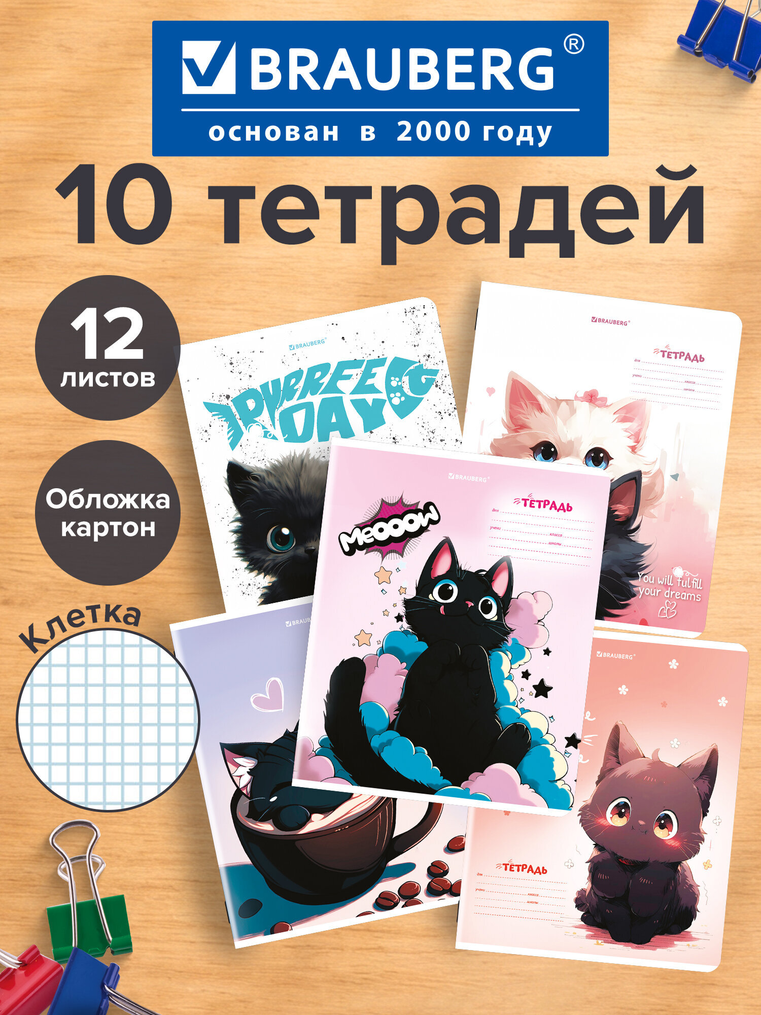 Изображение товара Тетрадь BRAUBERG клетка 12 листов А5 10 шт с рисунком котиков Изображение товара Тетрадь BRAUBERG клетка 12 листов А5 10 шт с рисунком котиков
