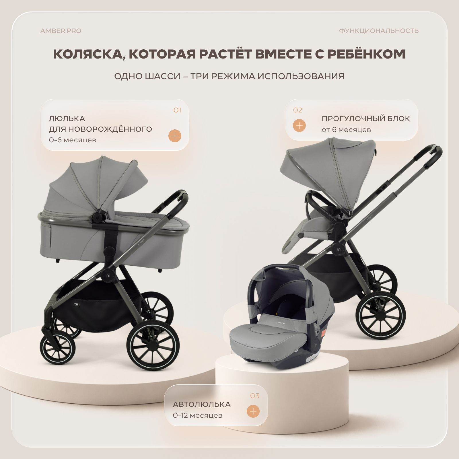 Коляска 3в1 MOWbaby Amber pro серый - фото 2