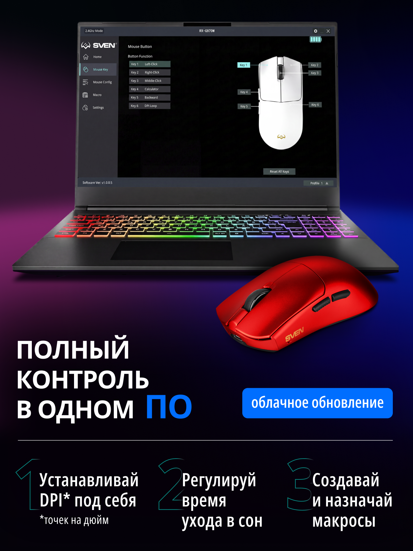 Беспроводная игровая мышь SVEN RX-G970W с ПО 100-30000 DPI (точек на дюйм) - фото 5