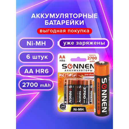 Батарейки аккумуляторные Sonnen АА пальчиковые 6 штук заряжаемые