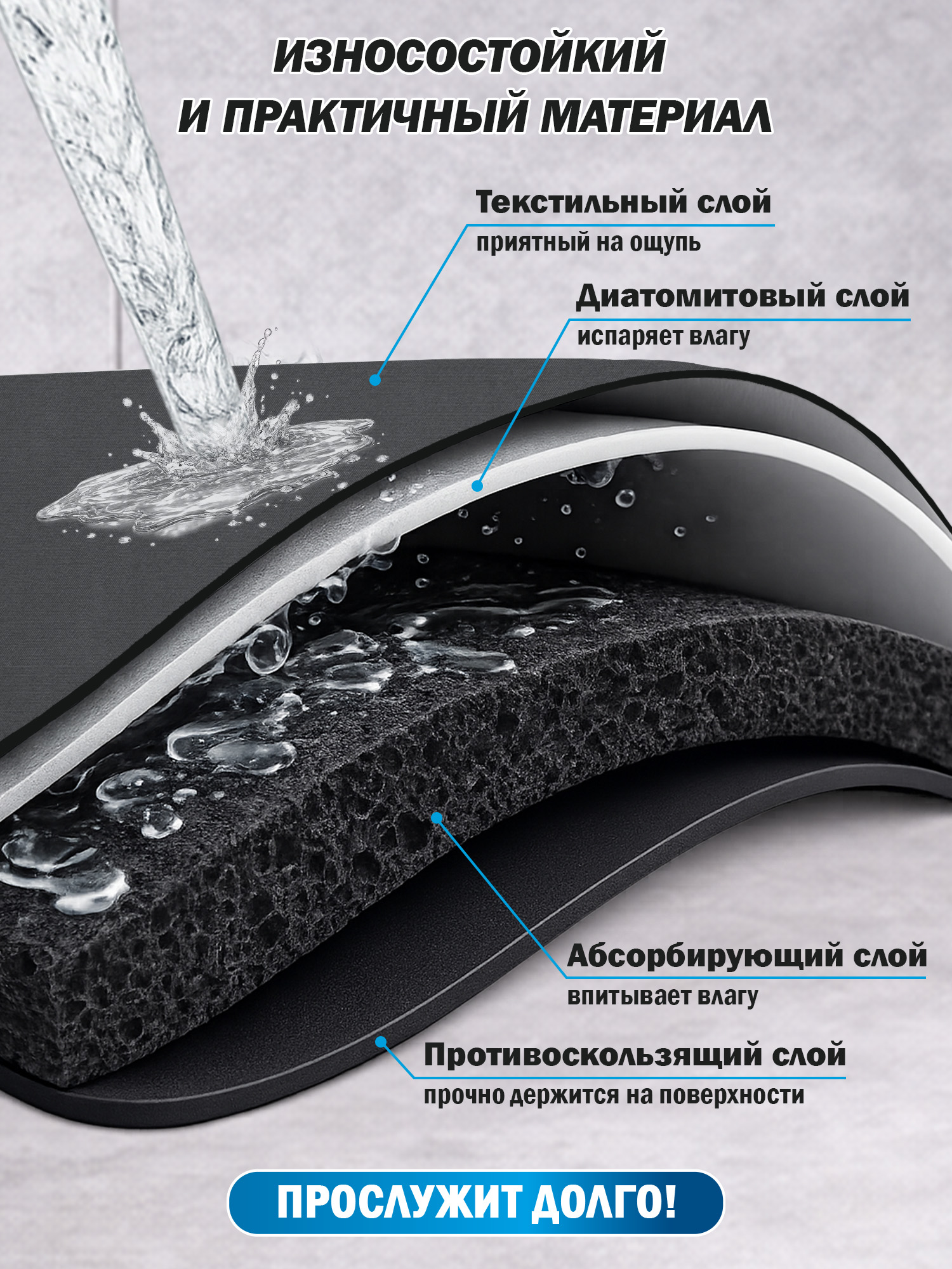 Коврик для сушки посуды BoomHouse нано впитывающий кухонный 40х50 см диатомитовый нескользящий - фото 3