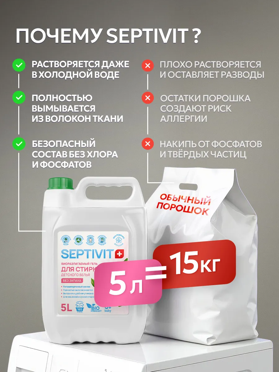 Гель для стирки SEPTIVIT детский без запаха 0+ 5 л - фото 7