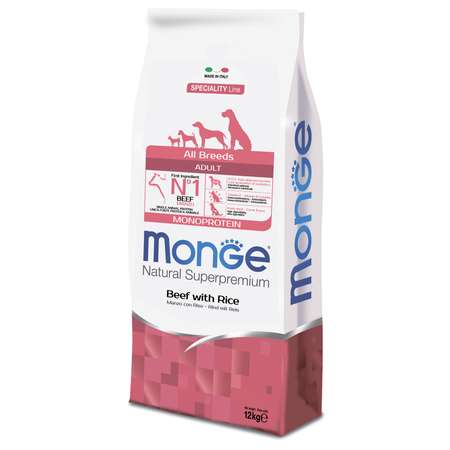 Корм для собак MONGE Dog Monoprotein для всех пород говядина с рисом сухой 12кг