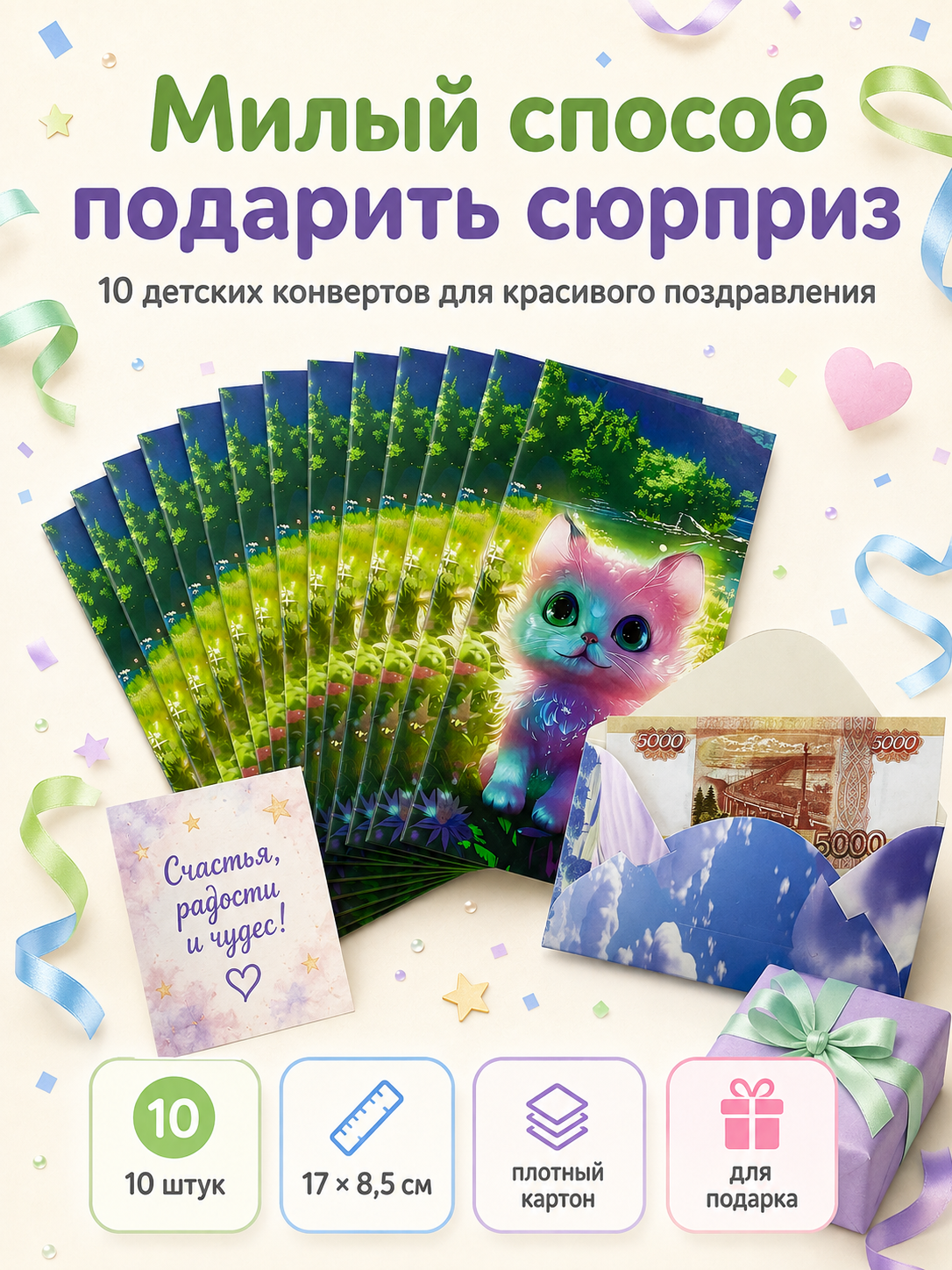 Конверты для денег детские Филькина Грамота с разноцветным котёнком 10 шт. - фото 10