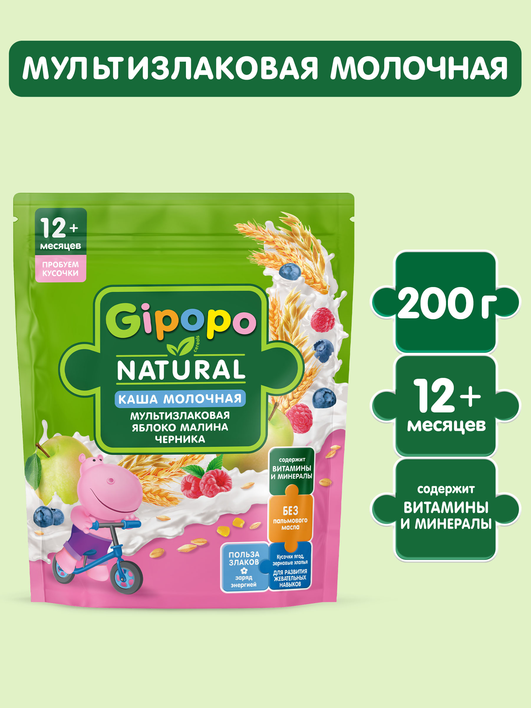 Каша Gipopo молочная мультизлаковая яблоко малина черника 200г 12 месяцев - фото 1