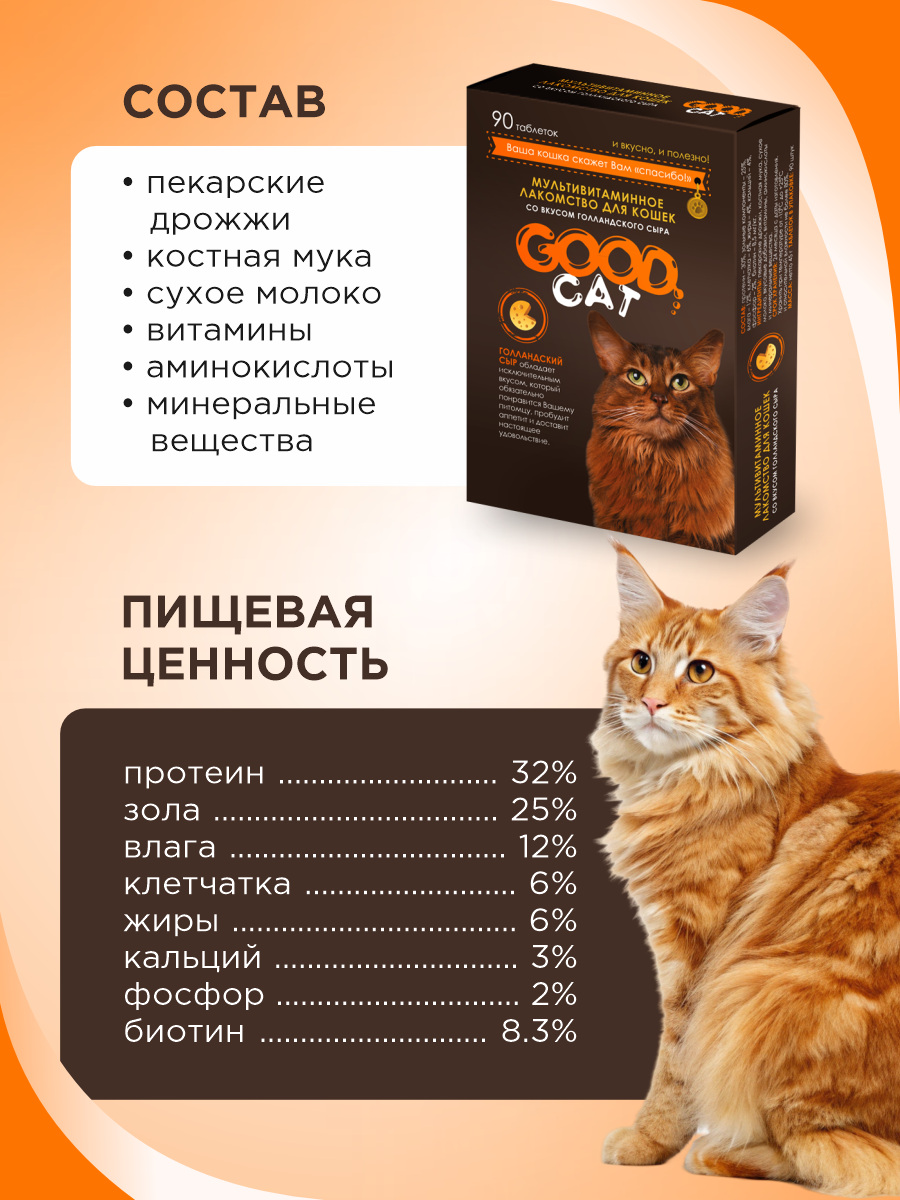 Полезное лакомство для кошек GOODR CAT со вкусом голландского сыра 90 таблеток - фото 8
